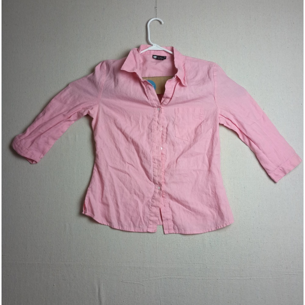 Vintage Carole Little Linen Button Down Top Floral Applique 3/4 Sleeve Pink M